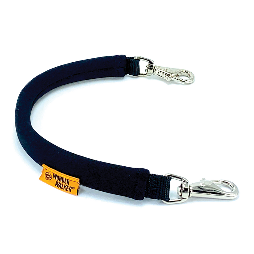 Dog leash handle with dual metal clips and 'Wonder Walker' tag.