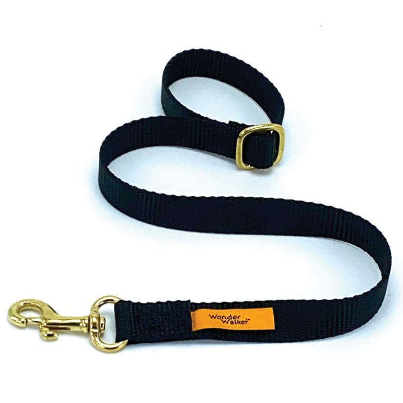 Black dog leash with brass hardware and an orange label that reads 'Wonder Walker.'